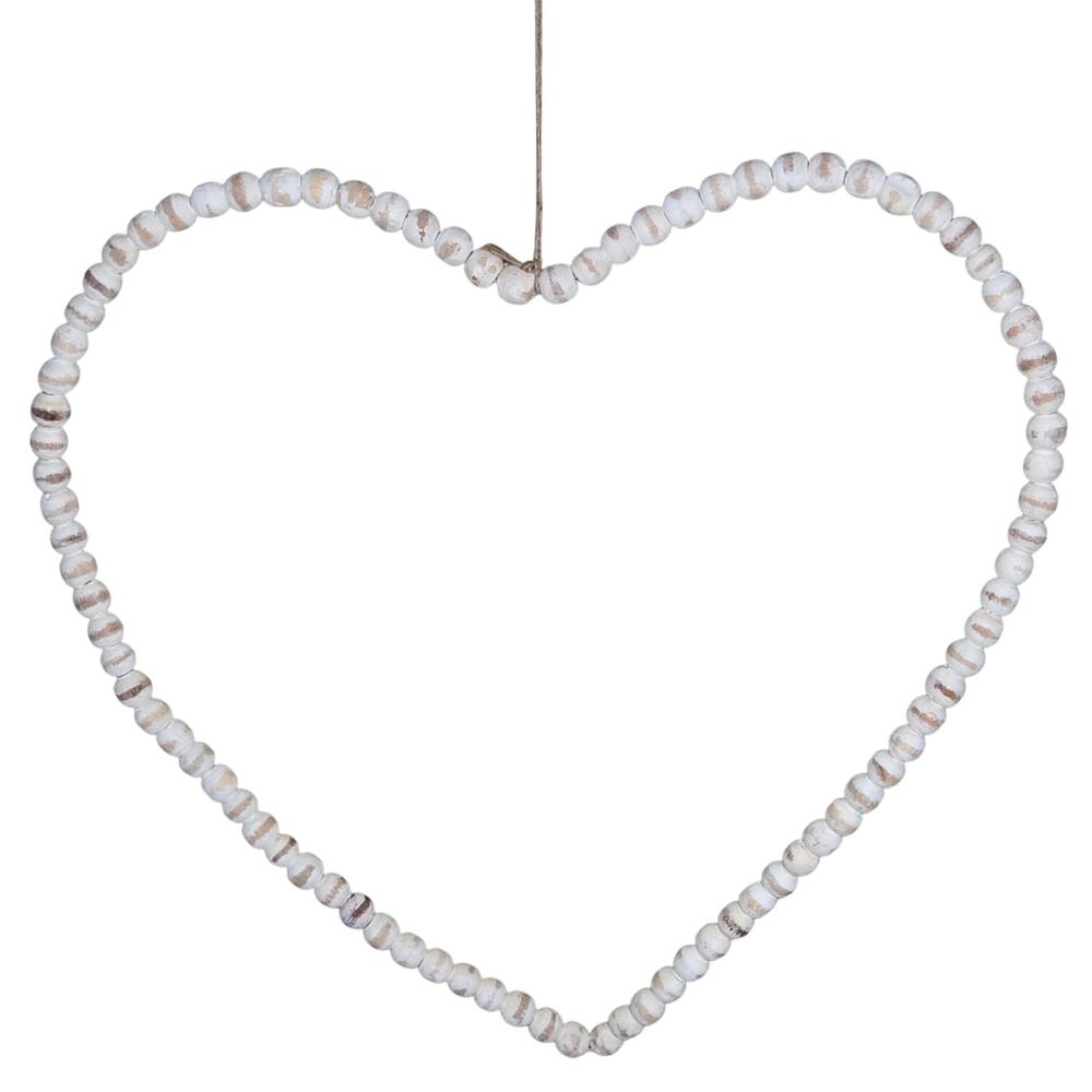 Beaded Natural/White Washed NWT wood bead Wall Heart Decoration Large white tan